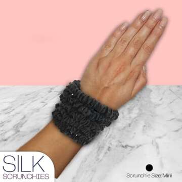 Celestial Silk Mini Scrunchies Small Mulberry Silk Scrunchy Hair Ties 22 Momme Skinny Silk Ponytail Holder, Gentle on Hair, Less Pulling, Breakage - 6 Pack (Black)