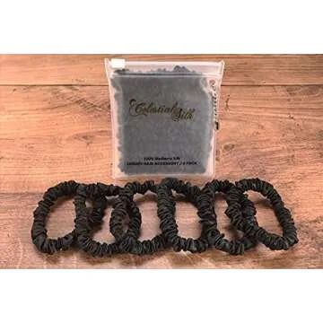 Celestial Silk Mini Scrunchies Small Mulberry Silk Scrunchy Hair Ties 22 Momme Skinny Silk Ponytail Holder, Gentle on Hair, Less Pulling, Breakage - 6 Pack (Black)