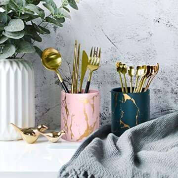 Cute Pencil Holder for Desk, Marble Office Pen Holder Ceramic, WAVEYU Pencil Cup for Women Kids Desk...