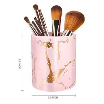 Cute Pencil Holder for Desk, Marble Office Pen Holder Ceramic, WAVEYU Pencil Cup for Women Kids Desk Organizer Makeup Brush Holder for Daily Use in Classroom, Home, Golden-Pink Marble