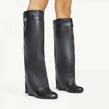 keleimusi Fold Over Wedge Boots Heeled PadLock Pant Knee High Shoes Tall/Short Booties in Black