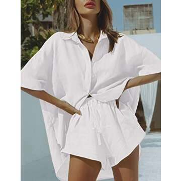 Fixmatti 2 Piece Casual Outfits for Women Button Down Shirt And High Waisted Shorts Set White M