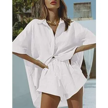 Fixmatti 2 Piece Casual Outfits for Women Button Down Shirt And High Waisted Shorts Set White M