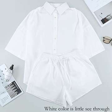 Fixmatti 2 Piece Casual Outfits for Women Button Down Shirt And High Waisted Shorts Set White M