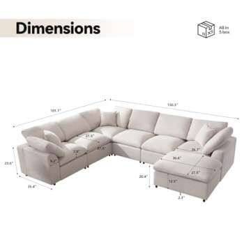 Siiejia Modular Sectional Sofa Modern Oversized Cloud Couch with Movable Ottoman 7 Seater L-Shaped Sofas Comfy Couches for Living Room Spacious Space Office Lounge, Beige