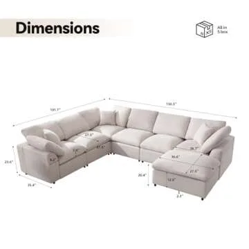 Siiejia Modular Sectional Sofa Modern Oversized Cloud Couch with Movable Ottoman 7 Seater L-Shaped Sofas Comfy Couches for Living Room Spacious Space Office Lounge, Beige