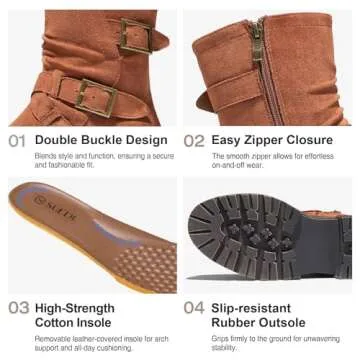 SUEDI Women's Biker Boots Motorcycle Boots Chunky Heel Buckle Ankle Boots Combat Riding Military Boots for Women Fashion Fall Boots Brown Suede Size 7