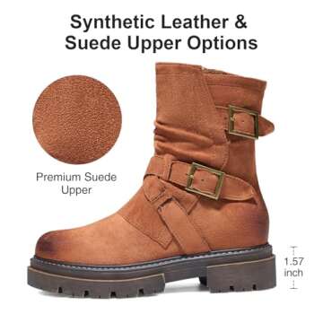 SUEDI Women's Biker Boots Motorcycle Boots Chunky Heel Buckle Ankle Boots Combat Riding Military Boots for Women Fashion Fall Boots Brown Suede Size 7
