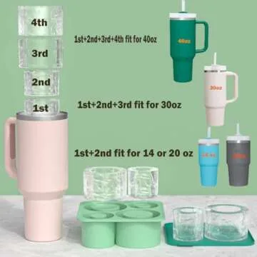 Silicone Ice Cube Tray for Tumbler,Ice Cube Mold with Lid for Freez Drink,Chilling Whiskey,Cocktail,Easy Release 4 In1 Ice Maker for Cup,Water Bottle,10-40oz (green)