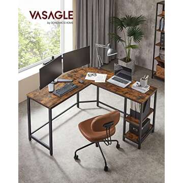 VASAGLE L-Shaped Computer Desk, Corner Desk, 54-Inch Writing Study Workstation, Rustic Brown and Black ULWD72X​