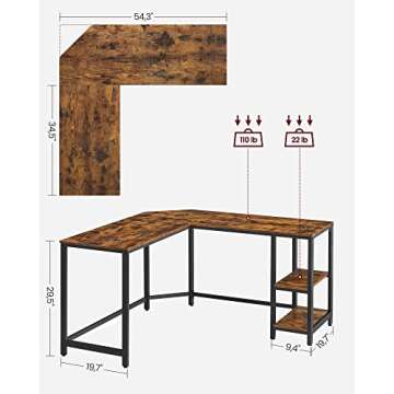 VASAGLE L-Shaped Computer Desk, Corner Desk, 54-Inch Writing Study Workstation, Rustic Brown and Black ULWD72X​