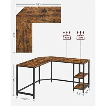 VASAGLE L-Shaped Computer Desk, Corner Desk, 54-Inch Writing Study Workstation, Rustic Brown and Black ULWD72X​
