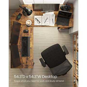 VASAGLE L-Shaped Computer Desk, Corner Desk, 54-Inch Writing Study Workstation, Rustic Brown and Black ULWD72X​