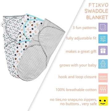 Ftikvo Adjustable Swaddle-Blanket Baby Girl & Boy 3-Pack Newborn Wearable Swaddle Sleep Sack Infant Swaddle 100% Cotton (Gray/Dinosaur/Owl-S, 0-3 Month)