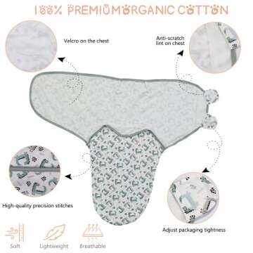 Ftikvo Adjustable Swaddle-Blanket Baby Girl & Boy 3-Pack Newborn Wearable Swaddle Sleep Sack Infant Swaddle 100% Cotton (Gray/Dinosaur/Owl-S, 0-3 Month)