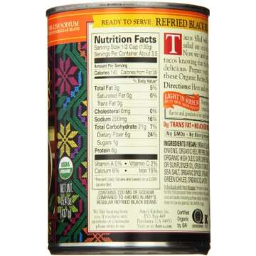 Amy's Organic Refried Black Beans Canned, Light in Sodium, Vegan, Gluten Free and Vegetarian, 15.4 O...