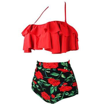 COCOSHIP Red Rose Floral & Red Retro Boho Flounce Falbala High Waist Bikini Set Chic Swimsuit Bathing Suit XXXXL(FBA)
