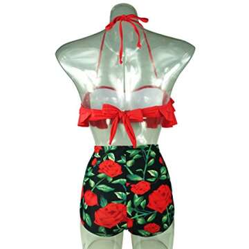 COCOSHIP Red Rose Floral & Red Retro Boho Flounce Falbala High Waist Bikini Set Chic Swimsuit Bathing Suit XXXXL(FBA)