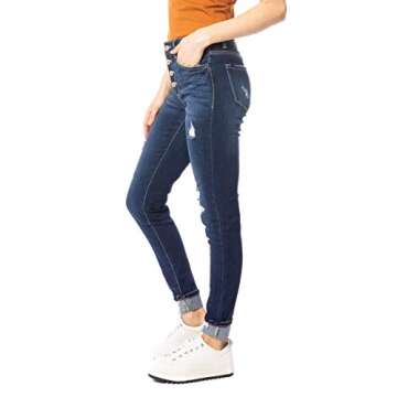 Kan Can Jeans Button Fly High Rise Distressed Ripped Medium Dark Wash Skinny Jeans KC6192D (25)