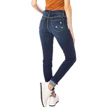 Kan Can Jeans Button Fly High Rise Distressed Ripped Medium Dark Wash Skinny Jeans KC6192D (25)