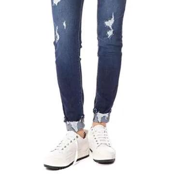 Kan Can Jeans Button Fly High Rise Distressed Ripped Medium Dark Wash Skinny Jeans KC6192D (25)