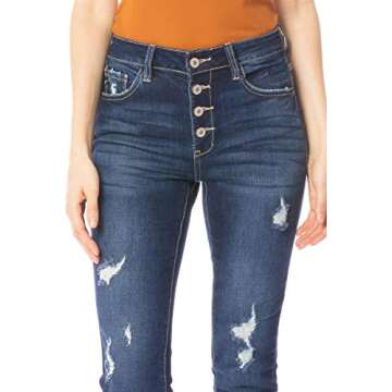 Kan Can Jeans Button Fly High Rise Distressed Ripped Medium Dark Wash Skinny Jeans KC6192D (25)