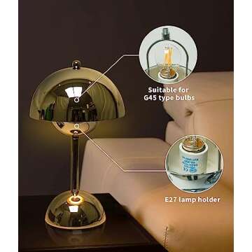 ELINKUME Table Lamp with Touch Control,3000K Warm Light Bedside Lamp with Cord,Infinitely Dimmable Mushroom Desk Lamp,for Bedroom,Living Room,Study,Cafe,Restaurant(Silver,Include G45 LED Bulb)
