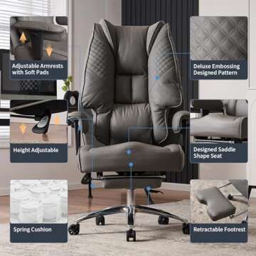 EXCEBET Big and Tall Office Chair 400lbs Wide Seat, Leather High Back Executive Office Chair with Foot Rest, Ergonomic Office Chair Lumbar Support for Lower Back Pain Relief (Grey)