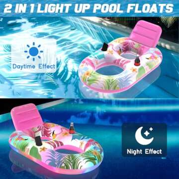 Inflatable Pool Float Chair for Adult - Pool Floaties Lounger Floats Raft Floating Chair | for Swimming Pool Lake Lounge Float Toy | Floating Pool Hammock Chair | with Cup Holders and Colorful Lights
