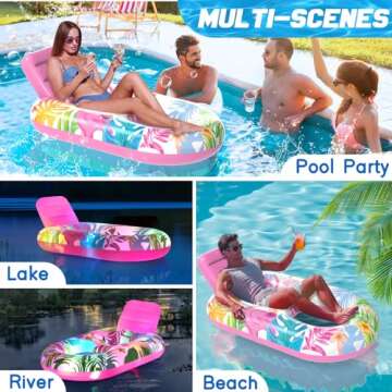 Inflatable Pool Float Chair for Adult - Pool Floaties Lounger Floats Raft Floating Chair | for Swimming Pool Lake Lounge Float Toy | Floating Pool Hammock Chair | with Cup Holders and Colorful Lights