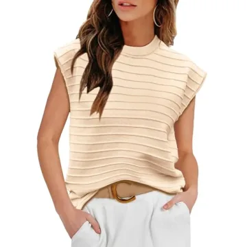 Womens Summer Tops Casual Crew Neck Cap Sleeve Loose Fit Knit Lightweight Sweater Pullover Top Cream S
