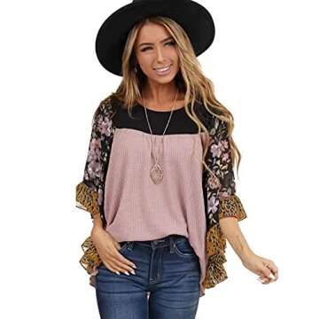 CASURESS Womens Floral Printed 3 4 Sleeve Shirt Batwing Loose Tops Blouses Pullover (X-Large, Type 7)