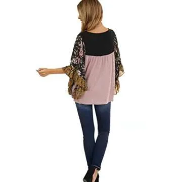 CASURESS Womens Floral Printed 3 4 Sleeve Shirt Batwing Loose Tops Blouses Pullover (X-Large, Type 7)