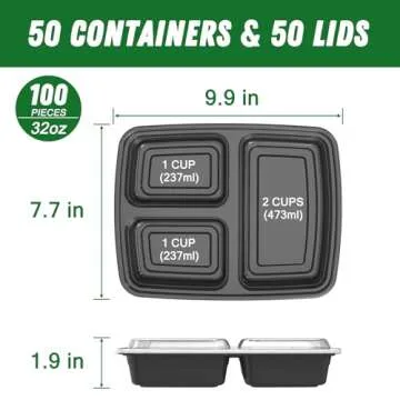 50 Pack (100-Piece) 32 oz Meal Prep Containers Reusable with Lids 3-Compartment, To Go Take Out Plas...