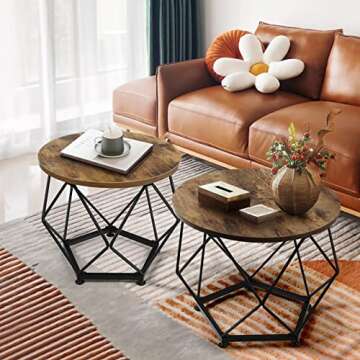 Esplorilo Small Coffee Table, Round End Table Set of 2 with Wooden Table and Metal Frame, Modern Sid...