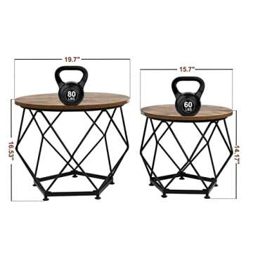 Esplorilo Small Coffee Table, Round End Table Set of 2 with Wooden Table and Metal Frame, Modern Side Table, Coffee Tables for Living Room, Bedroom, Home Office, Farmhouse, Rustic Brown and Black