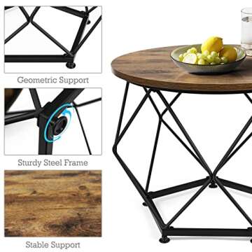 Esplorilo Small Coffee Table, Round End Table Set of 2 with Wooden Table and Metal Frame, Modern Side Table, Coffee Tables for Living Room, Bedroom, Home Office, Farmhouse, Rustic Brown and Black