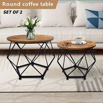 Esplorilo Small Coffee Table, Round End Table Set of 2 with Wooden Table and Metal Frame, Modern Side Table, Coffee Tables for Living Room, Bedroom, Home Office, Farmhouse, Rustic Brown and Black