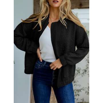 EVALESS Jackets for Women Fashion 2025 Spring Outfits Business Casual Womens Clothes Cute Jacquard Coat Bomber Jacket Lightweight Long Sleeve Stand Collar Zip Up Black Jacket with Pockets, Small