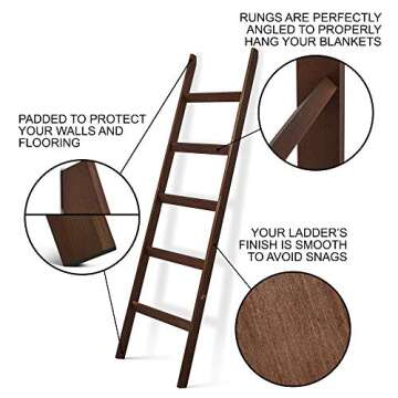 Short Birds Rustic 5ft Blanket Ladder - Farmhouse Home Decor - Quilt/Towels/Throw - Wood - Decorative Shelf - Easy Assembly - Leaning - Padded - White Wash - Dark Brown (Brown)