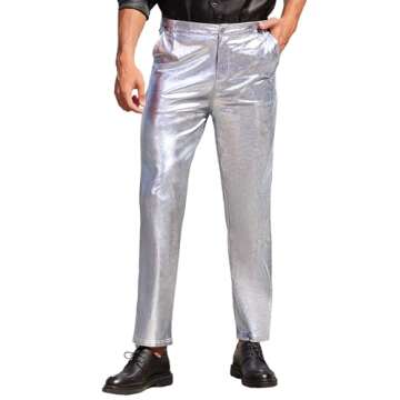 COOFANDY Men's Shiny Silver Pants Disco Night Club Pants 70s 80s 90s Party Dance Pant Straight Leg T...