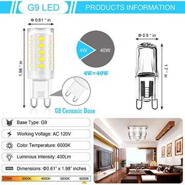 winshine G9 LED Light Bulb Bi Pin Base, 6000K Daylight G9 Base Bulbs for Chandeliers, 4W (40W Halogen Equivalent), 360° Beam Angle, 400LM, Non-dimmable for Home Lighting, 6 Pack