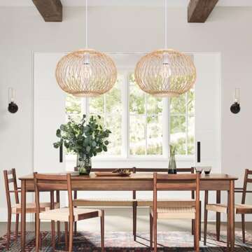 Arturesthome Weaving Bamboo Pendant Light for Kitchen Island, Wicker Chandelier, Handmade Woven Hanging Ceiling Light Lampshade for Living Room Bedroom