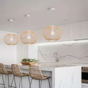 Arturesthome Weaving Bamboo Pendant Light for Kitchen Island, Wicker Chandelier, Handmade Woven Hanging Ceiling Light Lampshade for Living Room Bedroom