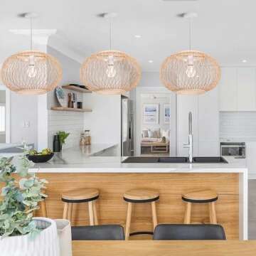 Arturesthome Weaving Bamboo Pendant Light for Kitchen Island, Wicker Chandelier, Handmade Woven Hanging Ceiling Light Lampshade for Living Room Bedroom