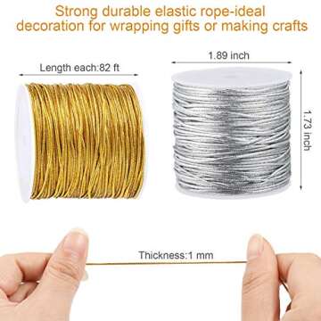 2 Rolls Metallic Elastic Cords Stretch Cord Ribbon Metallic Tinsel Rope for Craft Making Gift Wrappi...