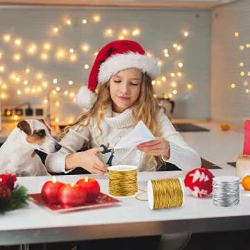 2 Rolls Metallic Elastic Cords Stretch Cord Ribbon Metallic Tinsel Rope for Craft Making Gift Wrapping, 1 mm 55 Yards