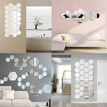 12PCS Mirror Wall Stickers 3D Hexagon Acrylic Mirror Wall Decor DIY Art Wall Sheet Plastic Removable Mirror Wall Sticker Tiles for Bathroom Bedroom Living Room TV Background Wall Decoration (Silver)