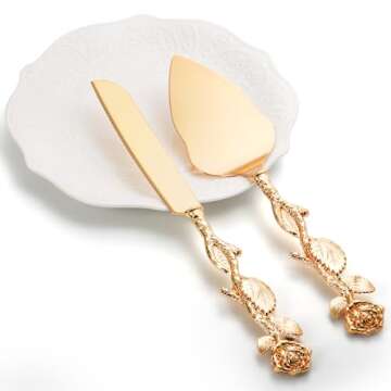 Mezchi Wedding Cake Knife and Server Set, Gold Cake Cutting Set for Wedding, Vintage Rose Wedding Cake Cutting Set for Birthday, Party, Anniversary, Cake, Pie, Pizza