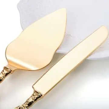 Mezchi Wedding Cake Knife and Server Set, Gold Cake Cutting Set for Wedding, Vintage Rose Wedding Cake Cutting Set for Birthday, Party, Anniversary, Cake, Pie, Pizza